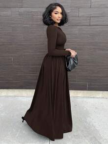 Alexandranx 新款性感船領棕色長袖秋冬貼身洋裝，百搭顯瘦，女款秋季洋裝，優雅秋季婚禮賓客洋裝 - 棕色 - 查看 5