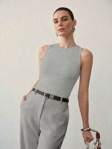 MOTF PREMIUM 女款休閒通勤極簡純色貼身背心上衣 - 灰色 - 查看 6