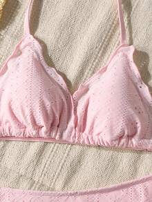 SHEIN Teen Girl 2026 Spring/Summer New Tropical Vacation Solid Pink Textured Halter Ruffled Bow Swimwear, Versatile - Pink - View 3