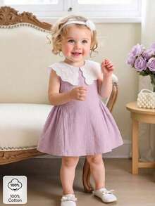 SHEIN Elladie kids 1pc Baby Girls' Elegant Lavender Polka Dot Jacquard Sleeveless Lace Collar A-Line Dress Loose Fit Summer Picnic Outfit For Daily Outings - Mauve Purple - View 5