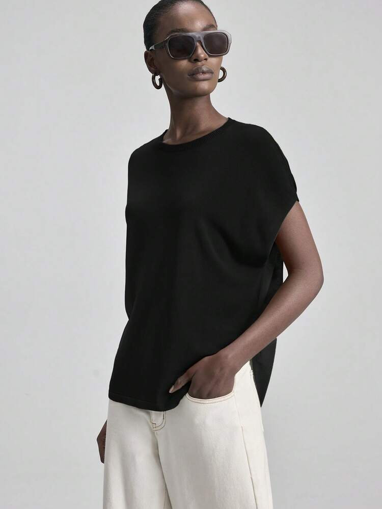 Women's Black Summer Effortles Chic Office 3D Hollow Arc Shoulder Sleeve Knit Top,Elegant Wedding Guest Minimalist French Luxury Urban Business Casual