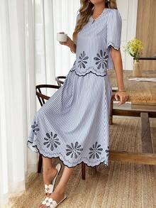 Elouméa Bộ đồ nữ thường ngày, đi nghỉ mát, gồm áo cổ tròn kẻ sọc viền lượn sóng và chân váy chữ A cạp chun, thích hợp mặc hàng ngày và đi nghỉ, mùa xuân/hè. - Nhiều màu - Xem 6