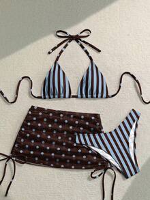 Soleia Women's Retro Polka Dot & Striped Contrast Color Print Swimwear Set, Suitable For Beach Vacation - Multicolor - View 6