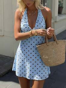 SHEIN PETITE Women's Spring/Summer New Goose Yellow Polka Dot Halter Neck Tie-Up Bust Design Drawstring Cinched Waist Cinched A-Line Elegant Romantic Princess Style Cute Sexy Fashion Dress Mini Dress ,Petite Women - Blue - View 3