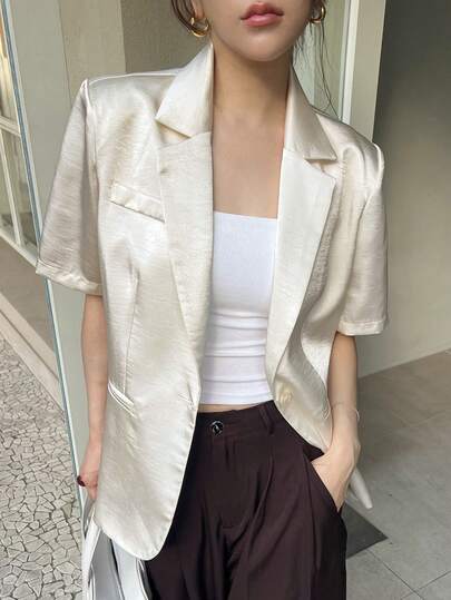 DAZY Áo khoác nữ dáng rộng, tay ngắn, màu trơn, kiểu dáng thường ngày, thích hợp cho mùa hè, kiểu blazer mỏng.