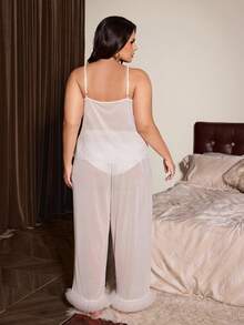Slumberist Plus Size Lace Mesh Pajama Set, V-Neck Sexy Lace Camisole + Wide Leg Pants With 3D Floral Trim, Sexy Romantic Bridal Honeymoon Sleepwear - White - View 2