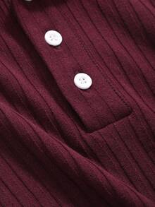 DAZY Solid Color Button Placket Henley Neck Ribbed Short Sleeve T-Shirt Summer,Business Casual Women - Burgundy - View 8