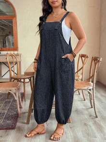 EMERY ROSE Plus Size Women's Elegant Striped Pocket Jumpsuit, Casual Commuter Style, Spring/Summer - Navy Blue - View 3