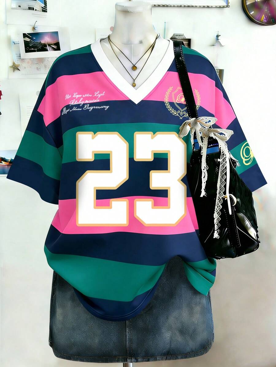 Lalippa 女士宽松V领T恤,饰有彩色条纹和数字23印花 - 彩色 - 查看 1