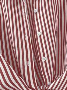 SHEIN PETITE White And Burgundy Stripe Collared Tie-Front Petite Woven Blouse Autumn For Women Everyday Casual - Burgundy - View 4