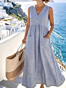 Hotletica Women's V-Neck Striped Ruched Pocket Casual Party Dress - Blue and White - View 4