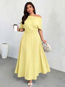 Firerie Plus Size Women's Summer Casual Everyday Commute Vacation Style Solid Color Asymmetric Neck Cinched Waist Dress - Light Yellow - View 6