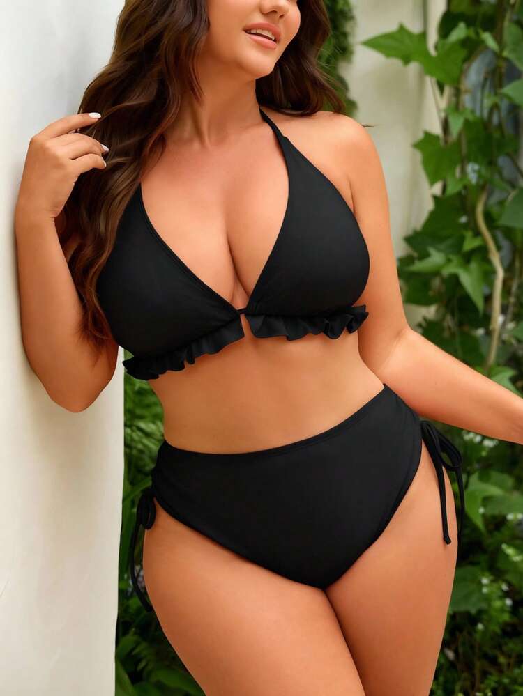 Swim Mod Plus Size Women's Sweet Cute Minimalist Beach Vacation Casual Pink Solid Ruffle Halter Drawstring Tie Waist 2-Piece Swimwear Set - Black - View 6