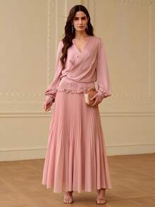ZEYLAH Vestido elegante de manga larga con cuello en V y bordado de unicolor para mujer - Rosa Pálido - Ver 5