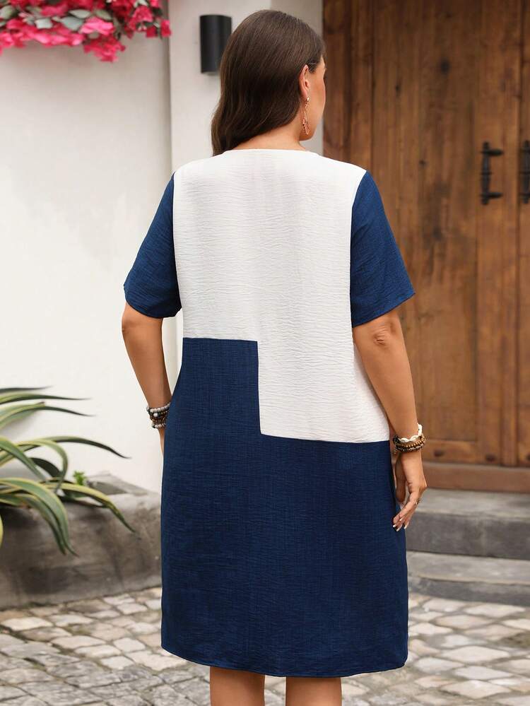 Plus Size Women's Round Neck Raglan Short Sleeve Loose Patchwork Color Block Dress