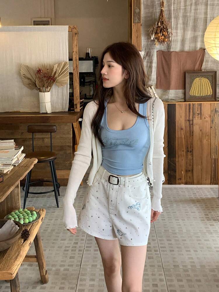 Women's Rhinestone Embroidered Denim Shorts