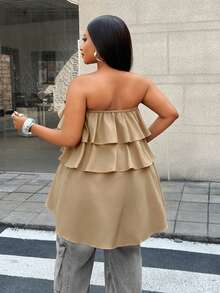 Maweii Plus Size Solid Color Multi-Layer Ruffle Hem Bandeau Top - Apricot - View 2