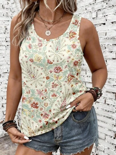 EMERY ROSE גופייה רגילה לנשים במידות גדולות, עיצוב דוגמת הדפס פרחוני, אווירה אלגנטית, מתאים ללבוש יומיומי, סגנון בוגר