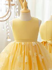 SHEIN Glamorique Kids 小女孩公主洋裝，花童禮服，生日派對婚禮節日正式洋裝，緞面布料，無袖，芥末黃，多層薄紗裙，後背繫帶蝴蝶結，夏季洋裝 - 芥末黃 - 查看 4