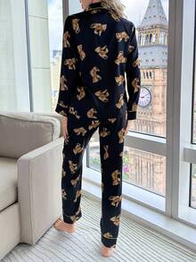 Cartoon Print Contrast Binding PJ Set / Pajama Set, Fall Clothes Cozy And Elegant Details, Winter - Black - View 2