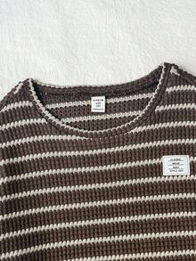 SHEIN 青少年女孩字母印花條紋短袖T恤與長褲休閒套裝 - 咖啡棕 - 查看 8