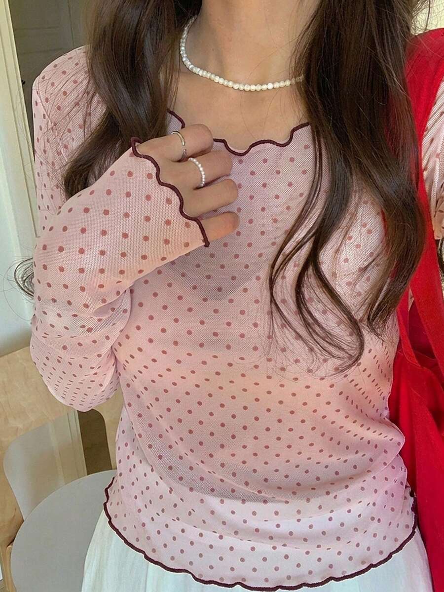 DAZY 女士波点薄纱长袖圆领打底衫,春夏款 - 粉色 - 查看 1