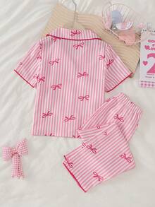 Girls' Apricot Bowknot Bubble Print Short Sleeve Pajama Set - Multicolor - View 3