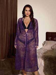 Slumberist Jubah Panjang Lengan Panjang Seksi Berenda Transparan Ukuran Besar dengan Tali Pengikat - Purple - View 6