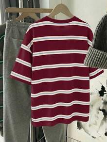 SHEIN EZwear 韩版时尚百搭酒红色条纹图案海外圆领T恤，适合外穿、摄影、露营、秋季、冬季、返校季、女士常规圆领夏季上衣，适合日常通勤、约会、聚会、秋季、冬季、夏季、圣诞节、新年、感恩节、派对、婚礼、海滩、毕业典礼、时尚、优雅、休闲、外出、约会、预订、通勤、闪亮、情人节、优雅、度假、休闲、Y2K、外出、毕业典礼等场合。 - 彩色 - 查看 2