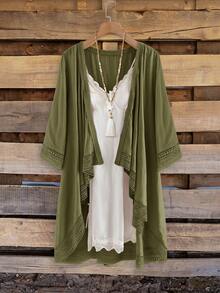 Rusticease Cárdigan de talla grande para mujer con parches de encaje de unicolor minimalista y apertura delantera - Verde militar - Ver 8