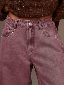 Athîral Denim Women's Casual Rivet Decorated Denim Jeans - Red - View 3