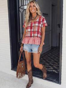 LanaWest Women's Western Casual Red Plaid V-Neck Short Sleeve Hem Patchwork Pink Plaid Ruffle Hem A-Line Loose Multicolor Shirt, Spring/Summer - Multicolor - View 1