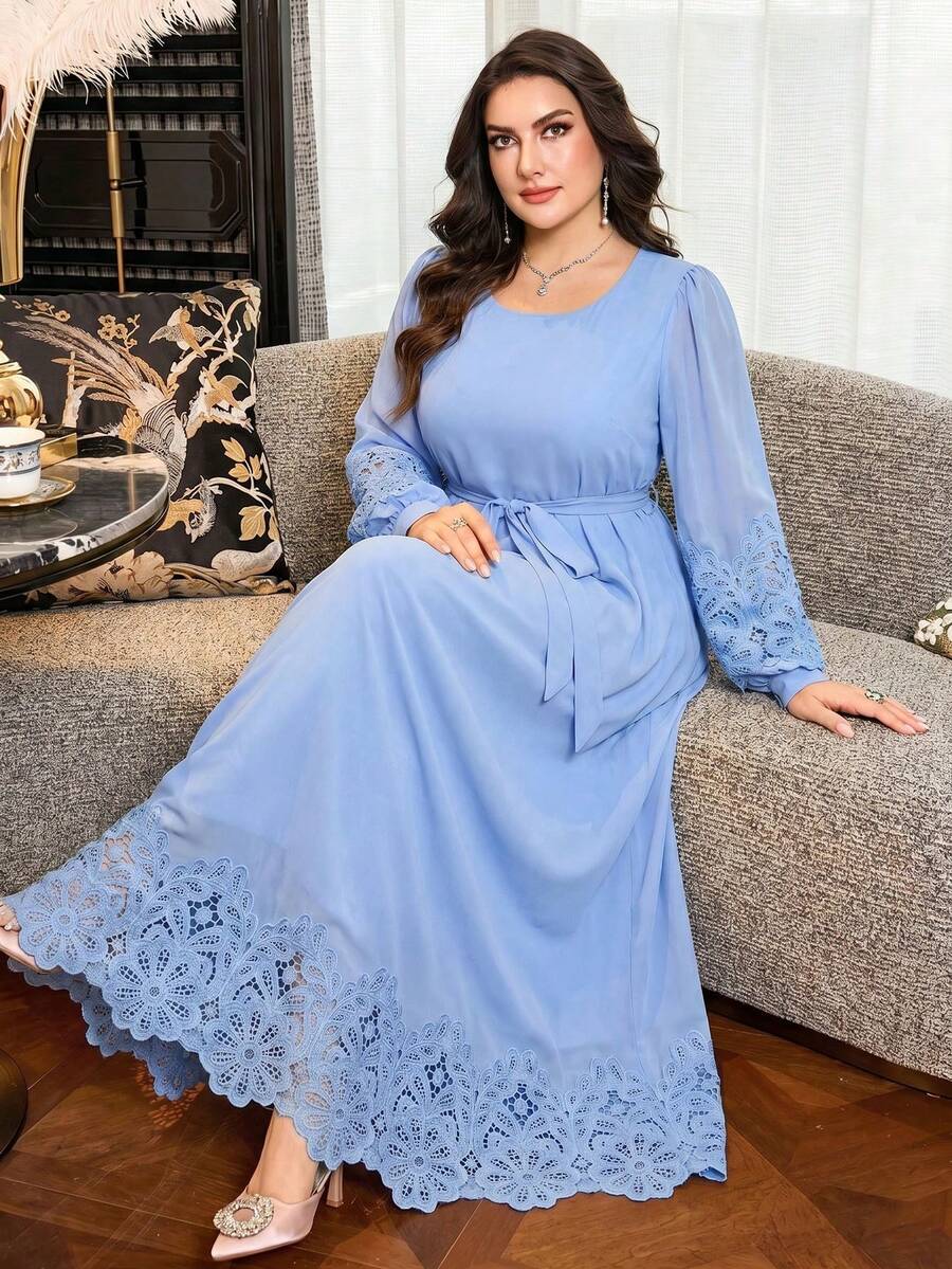 Al Najma Casual Minimalist Round Neck Ruffle Trim Lantern Sleeve Loose Regular Spring/Summer Plus Size Women Arabic Dress - Blue - View 1