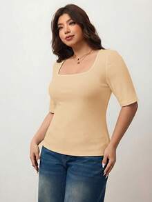 Enliva Kaos Wanita Ukuran Besar Elastis Tinggi Slim Fit Leher Persegi Lengan Pendek, Aprikot, Musim Panas, Kaos Ramah Kulit untuk Liburan dengan Bentuk Tubuh Bulat Apel - Aprikot - View 3
