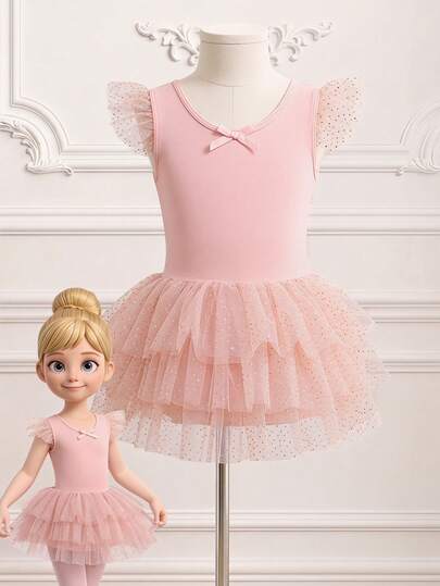 SHEIN Đầm tutu màu tím mềm mại và co giãn dành cho bé gái, tay áo bồng bềnh tạo vẻ ngoài năng động và dễ thương, chất liệu co giãn thân thiện với da, phù hợp cho yoga, khiêu vũ, thể dục dụng cụ, tập ba lê, các bữa tiệc và những dịp thường ngày.