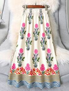 EMERY ROSE Plus Size Floral Print Casual Elegant Skirt Vacation Pink Floral Summer - Multicolor - View 2
