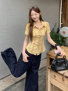 DAZY Plaid Fitted Waist Short Sleeve Collared Casual Vacation Blouse For Women Summer School - Yellow - View 4