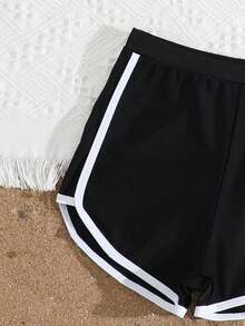 SHEIN Bộ đồ bơi liền thân màu trơn phối họa tiết cây dừa dành cho bé gái, kèm quần bơi cũng in họa tiết cây dừa, thích hợp cho mùa hè, lướt sóng, bãi biển, kỳ nghỉ và hồ bơi. - Đen và trắng - Xem 4