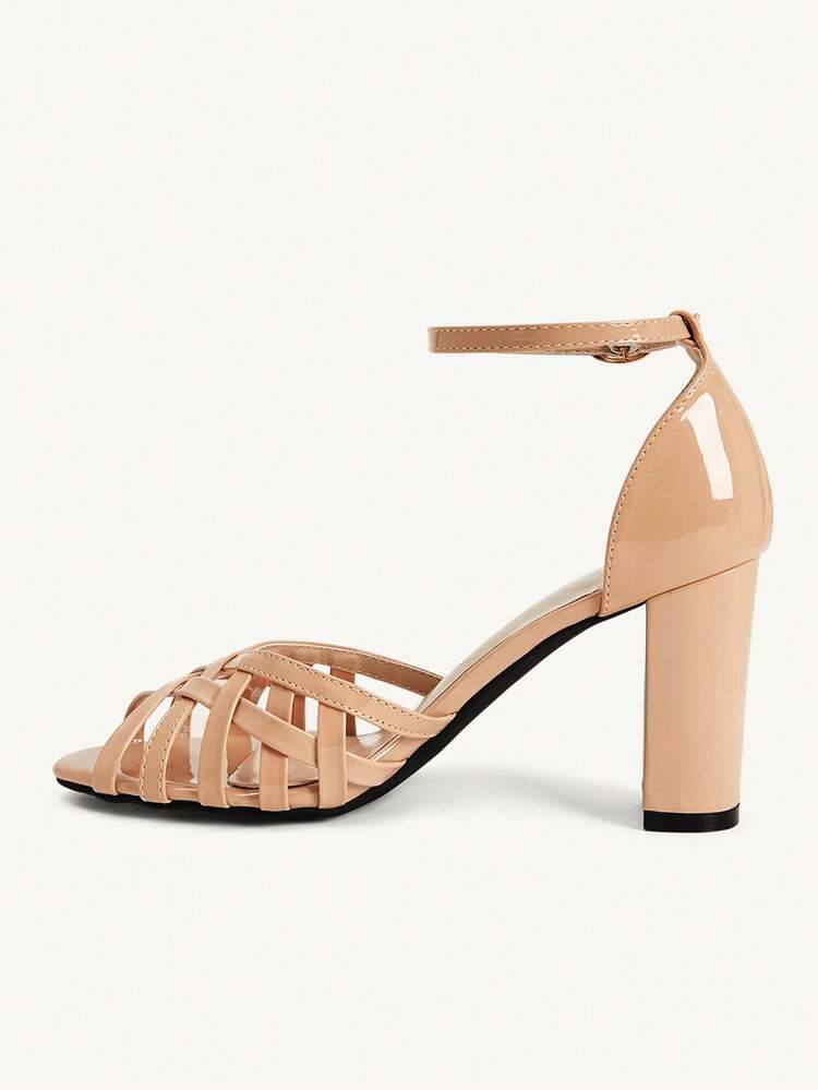 CUCCOO CHICEST Women Shoes Spring And Summer New Multi-Color Patent Leather Woven Thick-Heeled Sandals, Buckle Belt Hollow Open-Toed High Heels, Commuter Work Shoes, French Retro Roman Style, Daily Dating Wedding Bridesmaid Shoes, Versatile Temperament High Heels Women's Shoes
