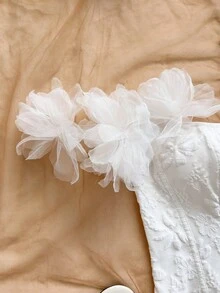 Soleia 复古宫廷风彩色花卉提花印花抹胸上衣，配有纽扣和系带，优雅适合度假和约会 - 白色 - 查看 5