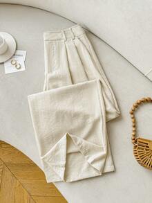 Flirla Women's Solid Color Pleated Straight Loose Casual Business Casual Pants, Summer Teachers' Day Office Beige - Beige - View 4