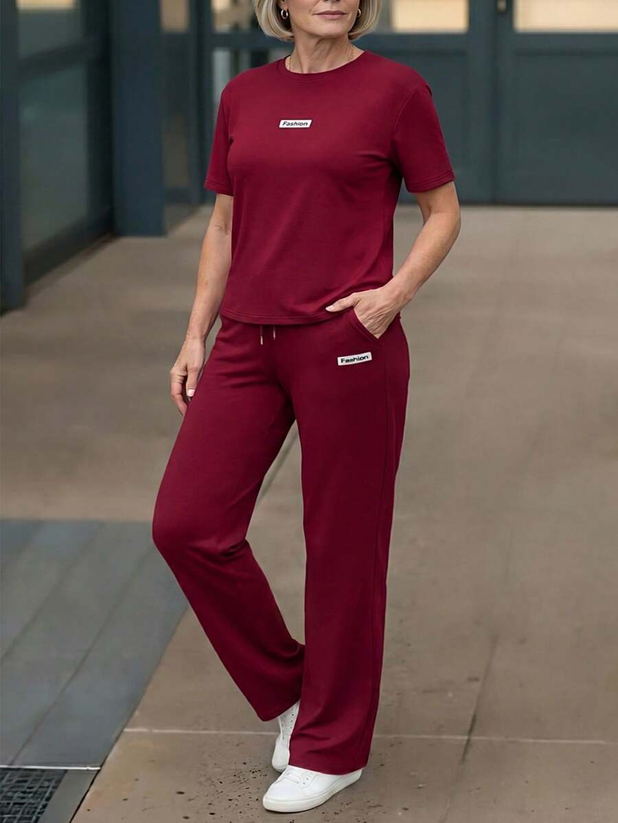 EMERY ROSE Middle-Aged & Elderly Women's Round Neck Short Sleeve Top And Pants Casual Daily Wear Set - Burgundy - View 1