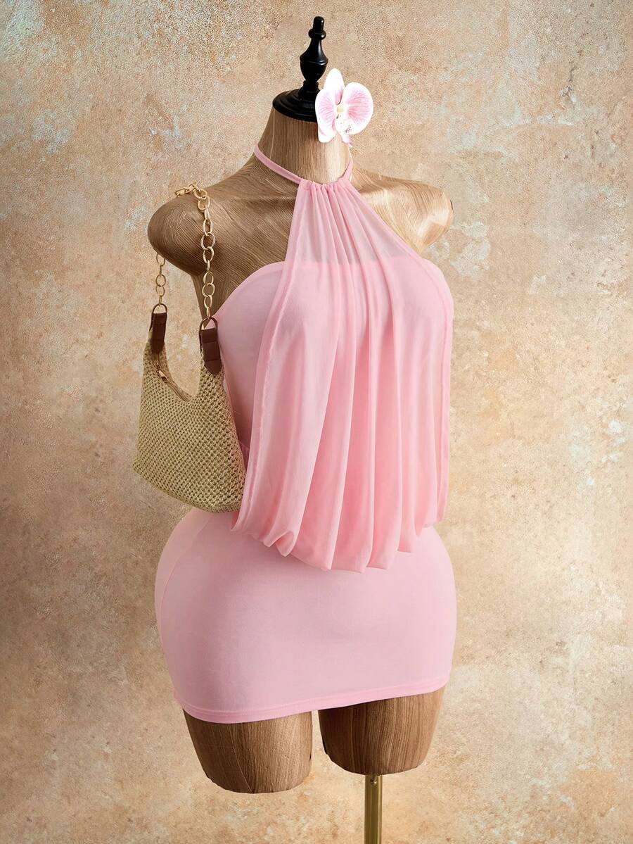 Mistrie Light Pink Halter Neck Mesh Covered Bodycon Mini Dress For Vacation Boho Sexy Tech Summer Party Party Night Club Night Out Outfit, Dress, Mini Dress - Multicolor - View 1