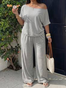 GalTyme Damen-Set in Große Größen, 2-teilig, einfarbig grau, mit asymmetrischem Ausschnitt, Fledermausärmeln, lockerem T-Shirt und weiten Hosen, smart-casual Loungewear-Sommer-Alltagsset - Hellgrau - View 4