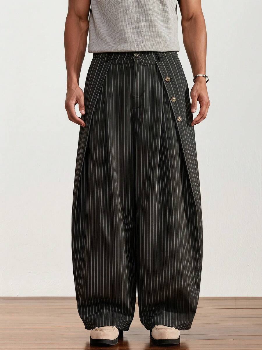SWAVVY Men's Striped Loose Casual Pants With Button Decor, Versatile - Black - View 1