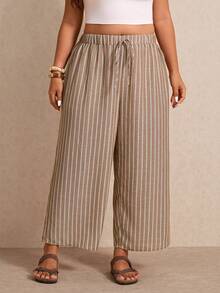Elaquor Plus Size Casual Pants With Line Print - Coffee Brown - View 5