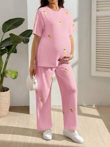 GentleRue Maternity Maternity Casual Cute Lemon Embroidery T-Shirt And Pants 2 Pieces Set Everyday Maternity Pink Summer - Pink - View 1