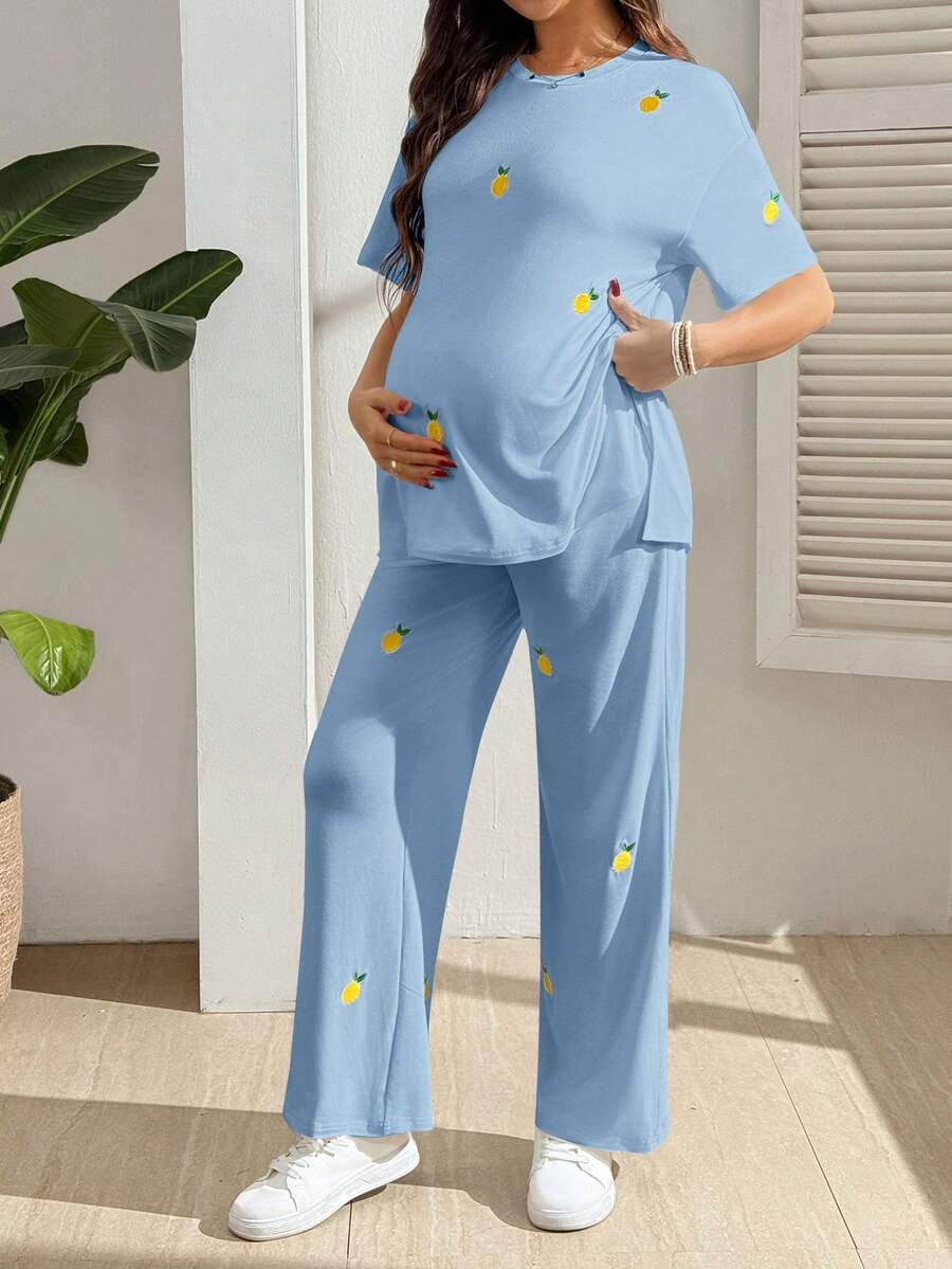 GentleRue Maternity Maternity Casual Lemon Embroidery T-Shirt And Pants 2 Pieces Set Maternity Photoshoot Light Blue Summer - Blue - View 1