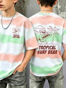 青少年男孩休閒舒適時尚紮染滑板衝浪熊「TROPICAL SURF BEAR」椰子樹印花短袖圓領T恤，適合夏季度假與運動穿著 - 彩色 - 查看 7