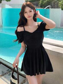 DAZY Solid Frill Trim One Piece Swimsuit Summer,Beach Women Outfits Vacation - Black - View 4